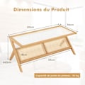 Miniatyrbild 4 av 4: COSTWAY Soffbord 120 cm i bambu - Skiva i härdat glas, tidningsställ i rotting - Vardagsrumsbord för vardagsrum, kontor, sovrum Naturlig