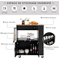 Pikkukuva 5 / 6: COSTWAY Keittiösaari Rullilla (2 Lukittavaa) 82x46x92cm Keittiövaunu 3 Maustehyllyllä Musta Svart