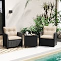Miniatyrbillede 1 af 6: COSTWAY Have møbler i rattan 3 PCS, Sofabord og 2 Stol, Polstrede sæde- og rygpuder, Beige >Färg på kudden: Beige >Färg på rot