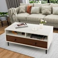 Miniatyrbillede 1 af 4: COSTWAY træsofabord med 2 skuffer og 2 opbevaringshylder, multifunktionelt sidebord til sofa, stue, soveværelse