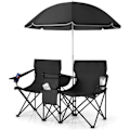 Miniatyrbillede 1 af 6: Sammenfoldelig Campingstol til 2 Personer med Parasol - COSTWAY - Sort - Køletaske, Kopholder, Armlæn Svart