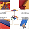 Miniatyrbillede 3 af 6: COSTWAY Børnehavebord og 2 bænk med parasol i fyrretræ, picnicbord til 4 børn, farverig farve Färgad + Brun
