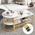 Miniatyrbillede 3 af 6: COSTWAY Sæt med 2 Skandinavisk Nesting Sofaborde - Marmor Print Sidebord - Guld Metalramme, Justerbare Fodstøtter gyllene