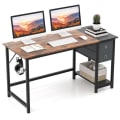 Miniatyrbillede 1 af 4: COSTWAY 120 cm computerbord, med 2 skuffer, hængekrog, opbevaringshylde, brun Rustik brun + svart
