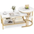 Miniatyrbillede 1 af 6: COSTWAY Sæt med 2 Skandinavisk Nesting Sofaborde - Marmor Print Sidebord - Guld Metalramme, Justerbare Fodstøtter gyllene