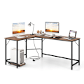 Pikkukuva 1 / 4: COSTWAY 168 x 125 cm kulmapöytä prosessorin pidikkeellä, 2 pistorasiaa ja USB & Type C -portti, tukeva metallirunko, luonnollinen