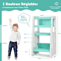 Miniatyrbillede 4 af 4: COSTWAY Toddler Learning Tower 3 justerbar højde og skridsikker fodstøtte HDPE dobbelte sikkerhedsskinner Grøn
