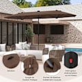 Miniatyrbillede 4 af 6: COSTWAY Parasol Dobbelthave XXL 400 x 200 x 240 cm - 36 LED Lys - Base Inkluderet - 12 Spidser - Rektangulær Brun