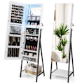 Miniatyrbild 1 av 6: COSTWAY Fristående smyckesskåp med HD-spegel i full längd, 3-färgs LED-lampor och innerspegel, Låsbar, Vit