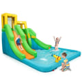 Miniatyrbillede 1 af 4: COSTWAY 5 i 1 gummislot til børn med dobbelt rutschebane vandland, klatrevægskurv, swimmingpool, vandkanon uden blæser Flerfärgad