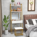 Miniatyrbild 3 av 4: COSTWAY Scandinavian Sminkbord - hopfällbar spegel, pall - Sminkbord - 2 öppna hyllor, dolt förvaringsutrymme - guld