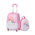 Miniatyrbild 1 av 6: COSTWAY 16'' resväska + 12'' ryggsäck Rosa rullbagage för barn hjulvagn med enhörningsmönster för flickor Rosa