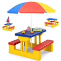 Miniatyrbillede 1 af 4: COSTWAY Børnehavemøbelbord og 2 bænke med parasol til picnics for op til 4 børn Gul+Rød+Blå Gul+Röd+Blå