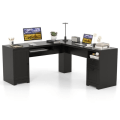 Miniatyrbillede 1 af 4: COSTWAY L-formet Computerbord, Hjørnecomputertab med Skuffer, Skab og Tastaturhylde, 168x168x76cm, Sort