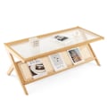 Miniatyrbild 1 av 4: COSTWAY Soffbord 120 cm i bambu - Skiva i härdat glas, tidningsställ i rotting - Vardagsrumsbord för vardagsrum, kontor, sovrum Naturlig