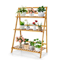 Miniatyrbild 1 av 4: COSTWAY hopfällbar växthylla i bambu 3-vånings blomsterhylla med förstärkt triangulär struktur för trädgård, balkong