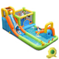 Miniatyrbillede 1 af 4: COSTWAY oppustelig legeplads med 680 W blæser vandland dobbeltslides basketball bøjle, mål bold point launcher Flerfärgad