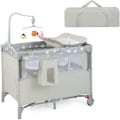 Miniatyrbillede 1 af 4: COSTWAY Foldbar babyparaplyseng 0-36 måneder 5 i 1 soveseng med madras, puslebord, justerbart autoværn, taske, 3 legetøj Beige Grå