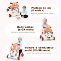 Miniatyrbillede 2 af 4: COSTWAY 3-i-1-køretøjsrullator og talelegetøjspanel til baby med lys og musik tidlige læringsaktiviteter, 6-36 måneder Pink Rosa
