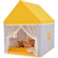 Miniatyrbillede 1 af 6: COSTWAY Legetelt til børn - Tæppe og vinduer - Fyrretræ Frame - Indendørs Udendørs til 3-4 børn - 120 x 105 x 140 cm - Gul gult och grått