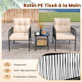 Miniatyrbillede 2 af 6: COSTWAY Glasbord og 2 Havestole, 3-delt Rattan PE Patiosæt med Hynder