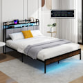Miniatyrbillede 1 af 6: Lys Plattform 140 x 200 cm COSTWAY, LED-belysning, Opladningsstation, Polstret Hovedgærde i Linned med 2-niveau Opbevaring Rustik kastanjebruna och svart och 