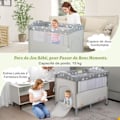 Miniatyrbillede 2 af 4: COSTWAY Foldbar babyparaplyseng 0-36 måneder 5 i 1 soveseng med madras, puslebord, justerbart autoværn, taske, 3 legetøj Beige Grå