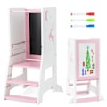 Miniatyrbillede 1 af 4: COSTWAY Montessori læringstårn i træ-køkkenskammel-bræt-3 vandbaserede kuglepenne-gå, justerbar højde-pink
