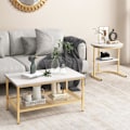 Miniatyrbillede 6 af 6: COSTWAY Sæt med 2 Skandinavisk Nesting Sofaborde - Marmor Print Sidebord - Guld Metalramme, Justerbare Fodstøtter gyllene