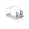 Miniatyrbillede 1 af 6: COSTWAY enkeltseng 200 x 90 cm med skrivebord, platformseng med kroge og skuffer, 18 trælameller, hvid grå sengeramme Vitt och grått