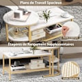 Miniatyrbild 5 av 6: COSTWAY Set med 2 skandinaviska soffbord - Marmortryck sidobord - Guld metallram, justerbara fotstöd gyllene