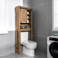 Pikkukuva 1 / 4: COSTWAY puinen WC-istuin, 4 hyllyä liukuovella kylpyhuoneeseen, 67 x 25 x 172 cm kastanj