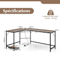 Pikkukuva 4 / 4: COSTWAY 168 x 125 cm kulmapöytä prosessorin pidikkeellä, 2 pistorasiaa ja USB & Type C -portti, tukeva metallirunko, ruskea