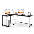 Pikkukuva 1 / 4: COSTWAY 168 x 125 cm kulmapöytä prosessorin pidikkeellä, 2 pistorasiaa ja USB & Type C -portti, tukeva metallirunko, musta