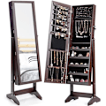 Miniatyrbillede 1 af 4: COSTWAY Fritstående smykkegarderobe med 4-vinklet Psyche-spejl, smykkeopbevaring og displaystativ Brun