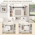 Miniatyrbillede 2 af 6: COSTWAY Toiletbord og taburetsæt, glidende spejl, 3 farve LED, justerbar lysstyrke, 4 skuffer, justerbare hylder Vit