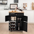 Miniatyrbillede 2 af 4: COSTWAY Køkkenvogn på hjul med gummitræ Top Køkken Serveringsvogn med skuffe og flaskeholder Sort.