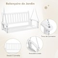 Miniatyrbillede 2 af 4: COSTWAY hængende havebænk til 2 personer i træ - 136 x 67 x 63 cm - Justerbare metalkæder 170 cm - Ryglæn med lamel - Hvid