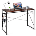 Miniatyrbild 1 av 4: COSTWAY hopfällbart datorbord, datorbord med metallram, 6 S-formade krokar, 100 x 50 x 75 cm, kaffe Kaffe