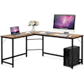 Miniatyrbillede 1 af 4: COSTWAY stort hjørneskrivebord L168 x B125 x H74CM - Op til 3 computere i industriel stil, brun metalstruktur kastanj