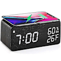 Miniatyrbild 1 av 5: Trä Digital Väckarklocka Med Trådlös Laddning 3 Väckarklocka Led-displayer Ljudstyrning Och Snooze För Sovrum Kontor