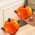 Miniatyrbillede 3 af 8: Keramisk græskarskål med låg og håndtag til suppe, slik og efterårsindretning Large