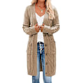 Miniatyrbilde 1 av 5: Dame Langærmet Kabelstrikket Lang Cardigan Åpen Frontgenser med Knapper Yttertøy Khaki Khaki L