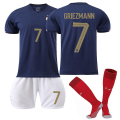 Miniatyrbilde 1 av 4: Frankrike Hjemmedrakt 2022/23 VM Griezmann #7 Fotballdrakt T-skjorte shortssett Fotball 3-delt sett for barn Voksne Adult M（170-175cm）