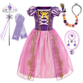 Pikkukuva 2 / 4: Tähkäpää-mekko tytöille, asumekko, fantasia, lastenjuhlat, prinsessapuku, Halloween, violetit paljetit, verkkomekko Tähkäpää C Set02 Rapunzel C Set02 5-6T(Tag130)
