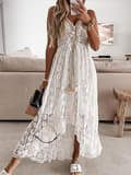 Sommar Boho Långklänningar Dam Spets V-ringad Spaghetti Rem Off Shoulder Strand Solklänning Vit[GPA] LXDS18 White L
