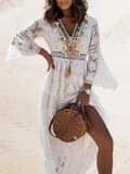 Boho Sommar Lång Klänning Dam Spets V-ringning Spaghetti Rem Off Shoulder Strandklänning Vit[GPA] DHLYQ19 White M