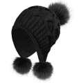 Miniatyrbilde 1 av 5: Hette for kvinner, strikket vinterlue med pompom, vindtett øreklaffer Black