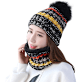 Miniatyrbilde 1 av 4: Vinterstrikket lue- og skjerfsett for kvinner, beanie med pompom Black