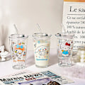 Miniatyrbild 2 av 3: Transparent Glasvattenkopp Söt Cartoon Frukostkopp Sugrör Med Lock Mjölkjuice Vattenkopp Glas Sippykopp Barnpresent Hello Kitty